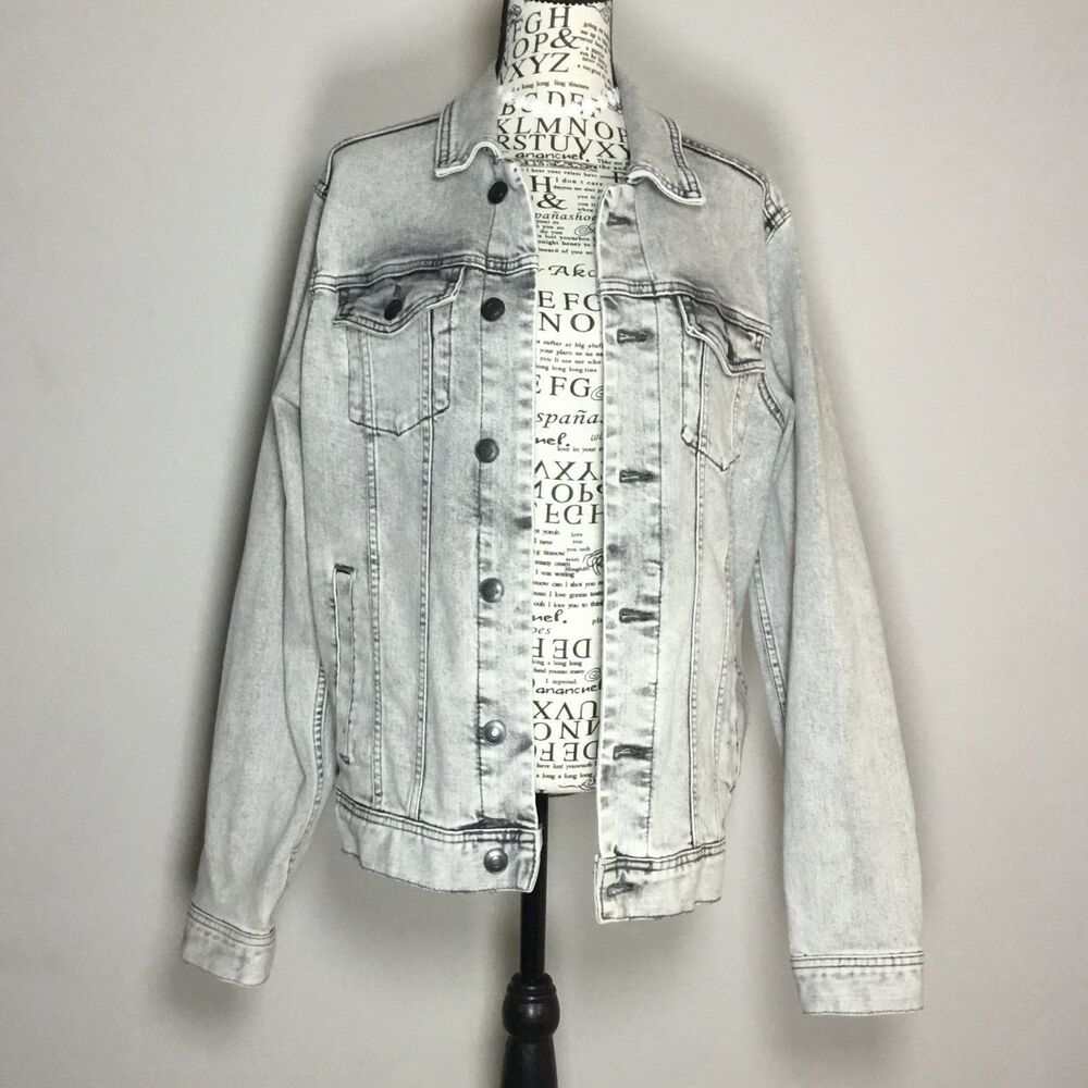 Grey bleach washed denim jacket cotton blend 4 pockets classic retro 60s 80s S